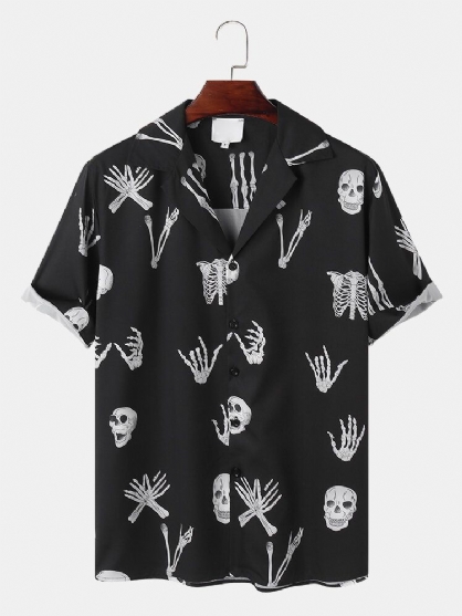 Camisa De Manga Corta Con Cuello Reverente Y Estampado De Esqueleto Para Hombre