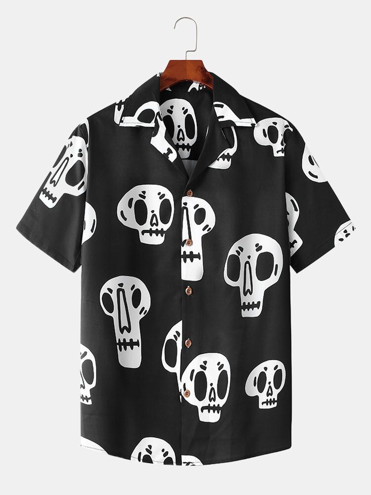 Camisa De Manga Corta Con Cuello Reverente Y Estampado De Esqueleto Para Hombre