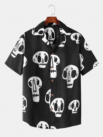 Camisa De Manga Corta Con Cuello Reverente Y Estampado De Esqueleto Para Hombre