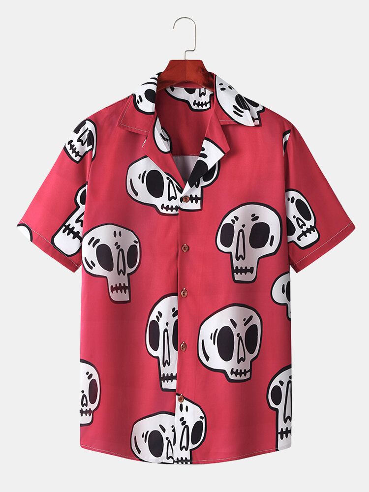 Camisa De Manga Corta Con Cuello Reverente Y Estampado De Esqueleto Para Hombre