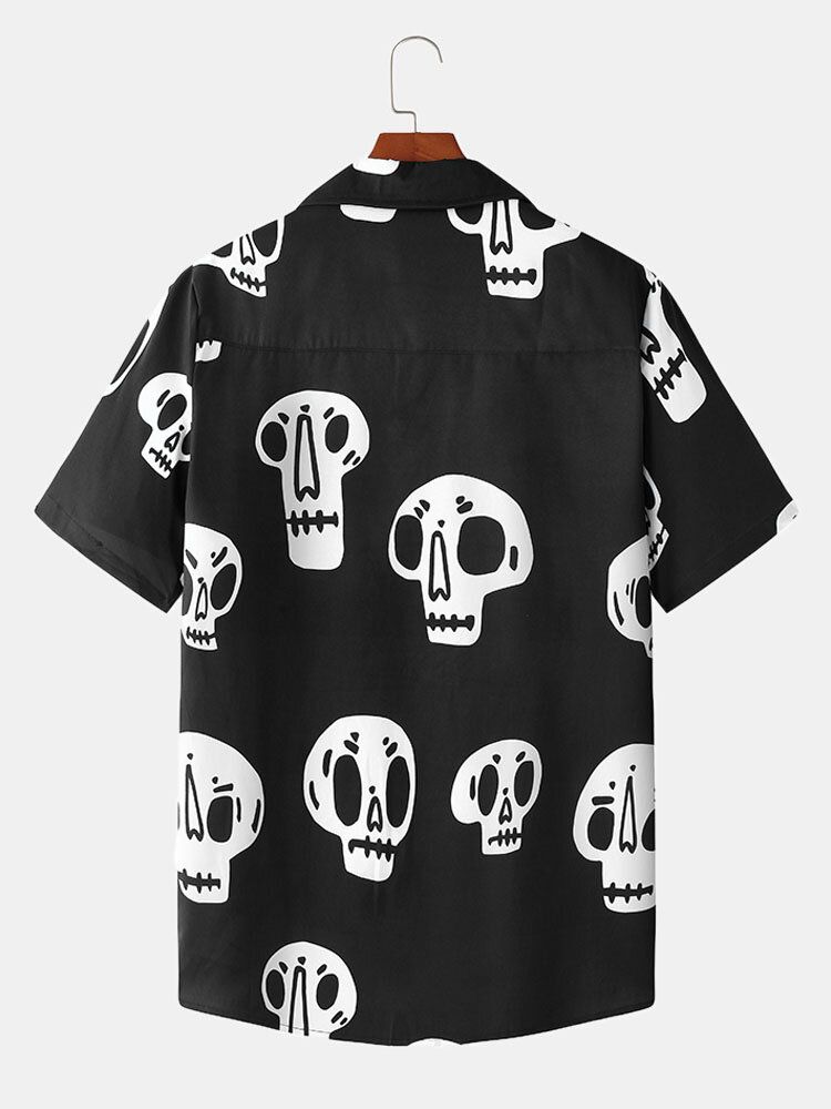 Camisa De Manga Corta Con Cuello Reverente Y Estampado De Esqueleto Para Hombre