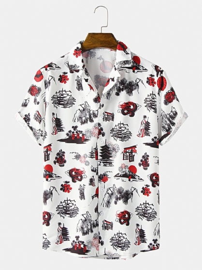 Camisa De Manga Corta Con Cuello Reverente Y Estampado De Estilo Étnico Para Hombre