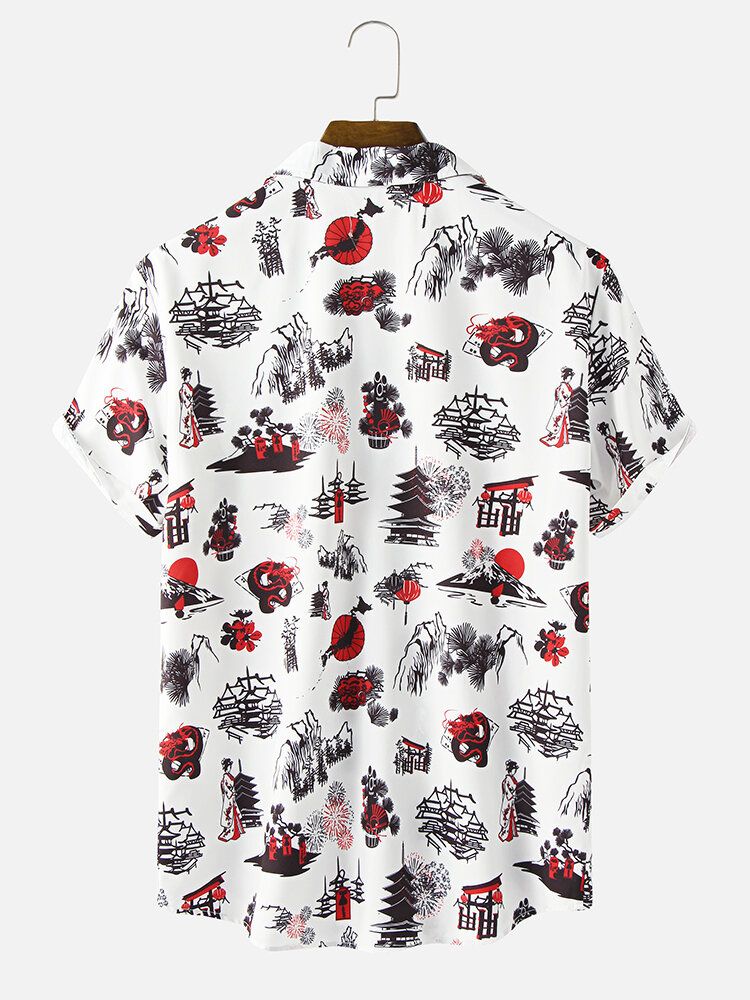 Camisa De Manga Corta Con Cuello Reverente Y Estampado De Estilo Étnico Para Hombre