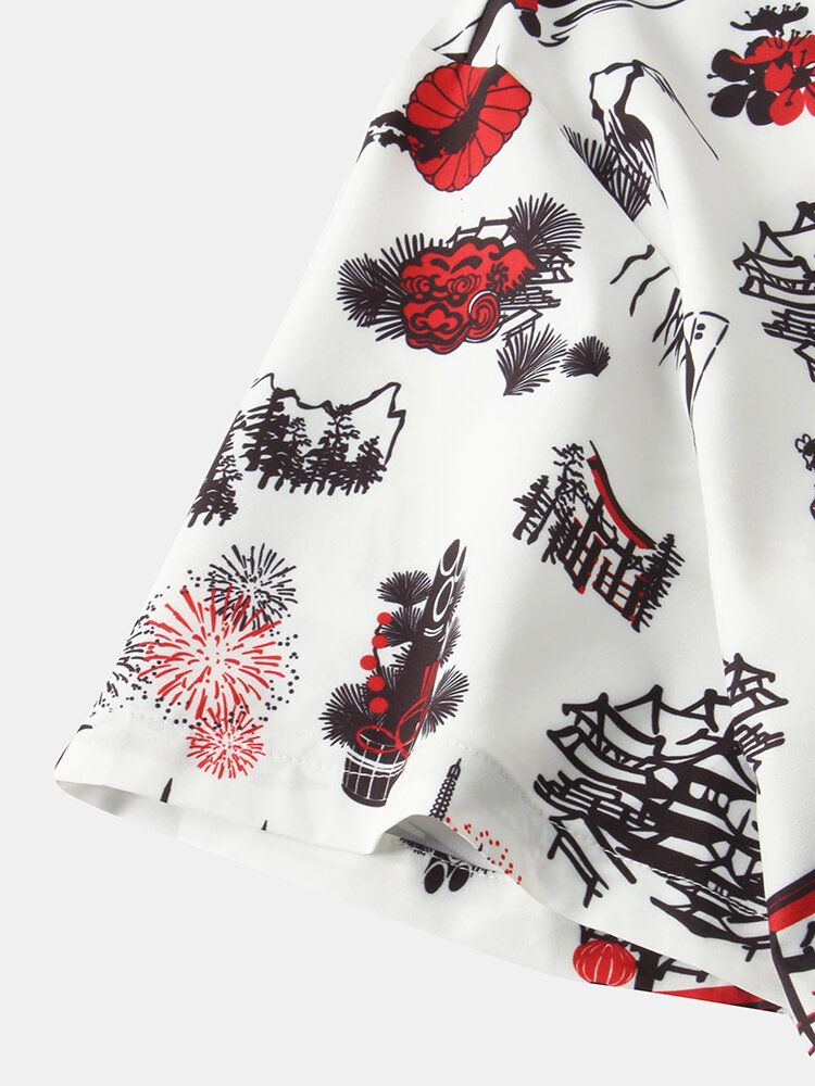 Camisa De Manga Corta Con Cuello Reverente Y Estampado De Estilo Étnico Para Hombre