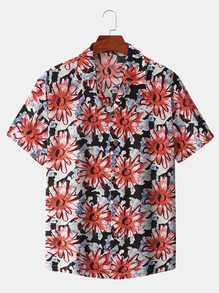 Camisa De Manga Corta Con Cuello Reverente Y Estampado Floral Daisy Ditsy Para Hombre