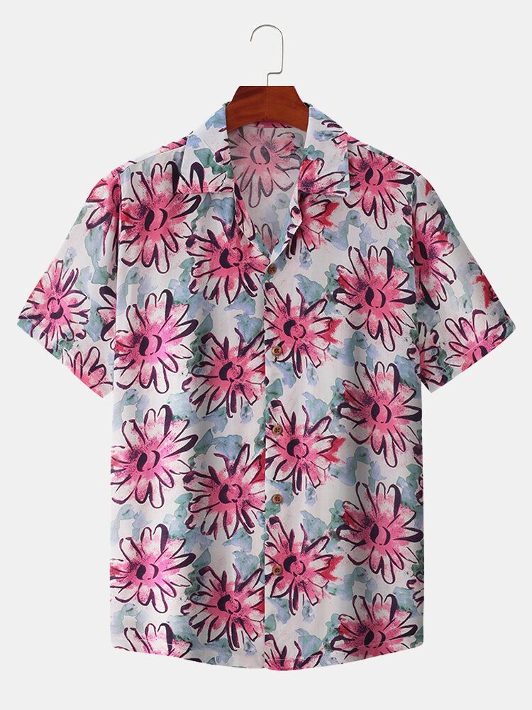 Camisa De Manga Corta Con Cuello Reverente Y Estampado Floral Daisy Ditsy Para Hombre