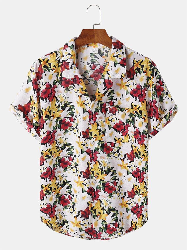 Camisa De Manga Corta Con Cuello Reverente Y Estampado De Flores De Algodón Para Hombre