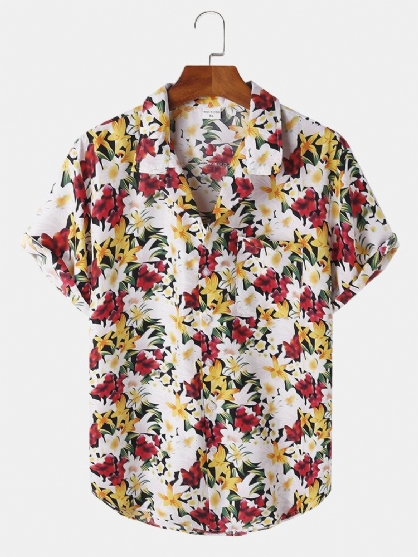 Camisa De Manga Corta Con Cuello Reverente Y Estampado De Flores De Algodón Para Hombre