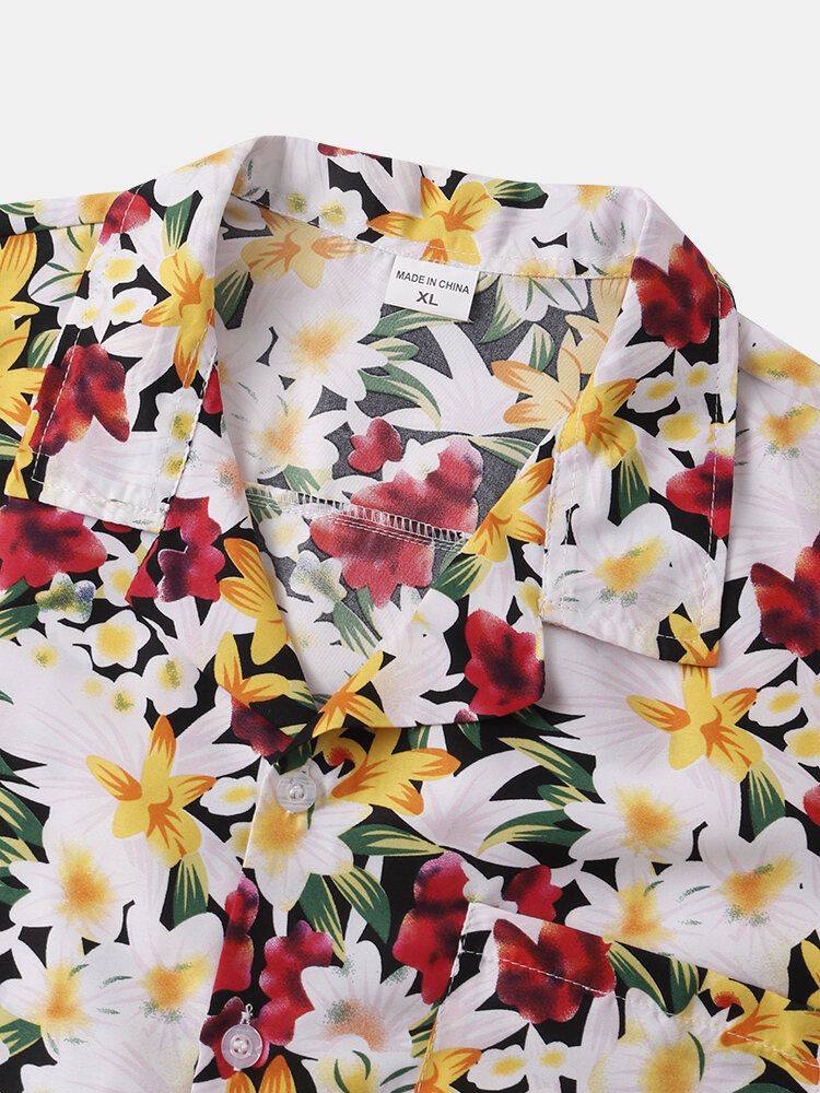 Camisa De Manga Corta Con Cuello Reverente Y Estampado De Flores De Algodón Para Hombre