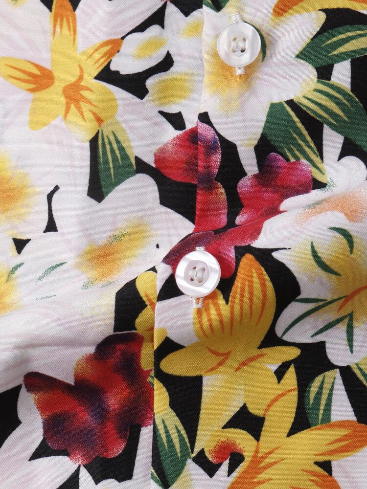 Camisa De Manga Corta Con Cuello Reverente Y Estampado De Flores De Algodón Para Hombre