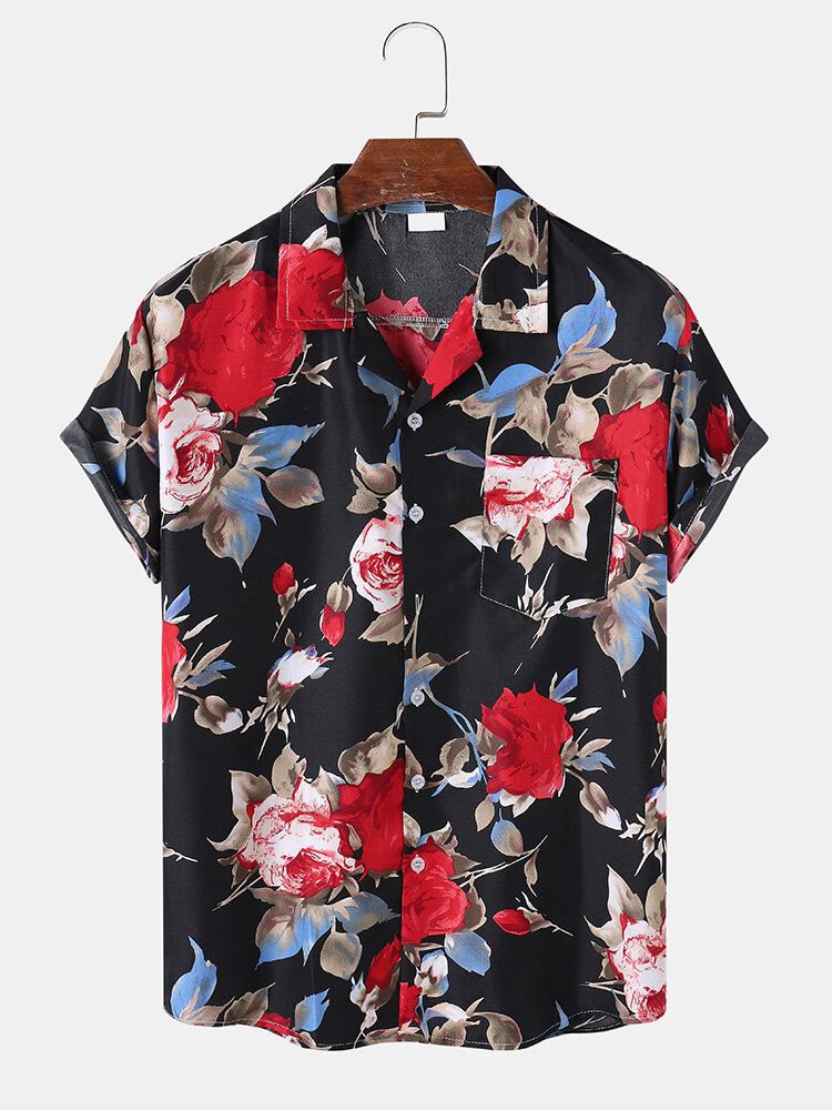 Camisa De Manga Corta Con Cuello Reverente Y Estampado De Flores De Algodón Para Hombre