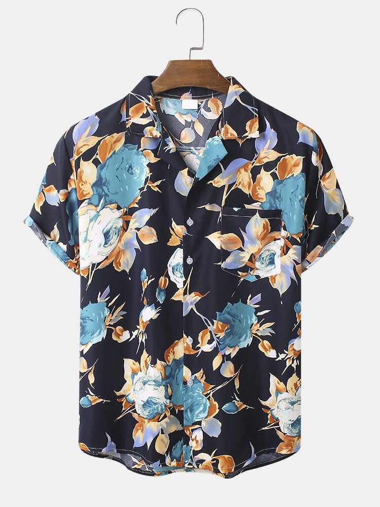 Camisa De Manga Corta Con Cuello Reverente Y Estampado De Flores De Algodón Para Hombre