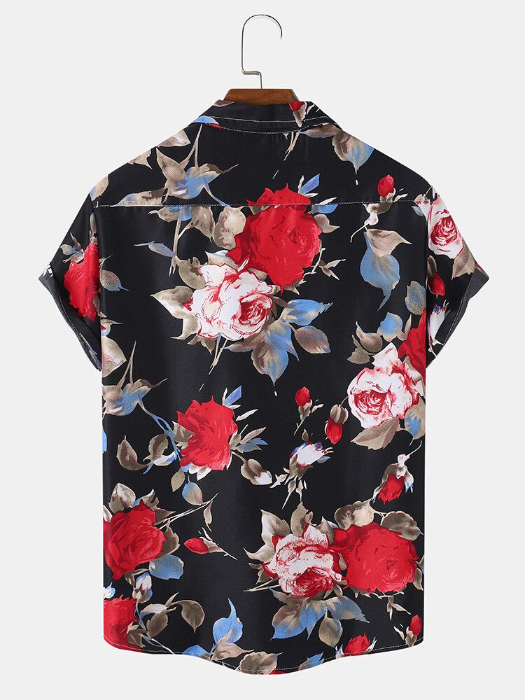 Camisa De Manga Corta Con Cuello Reverente Y Estampado De Flores De Algodón Para Hombre