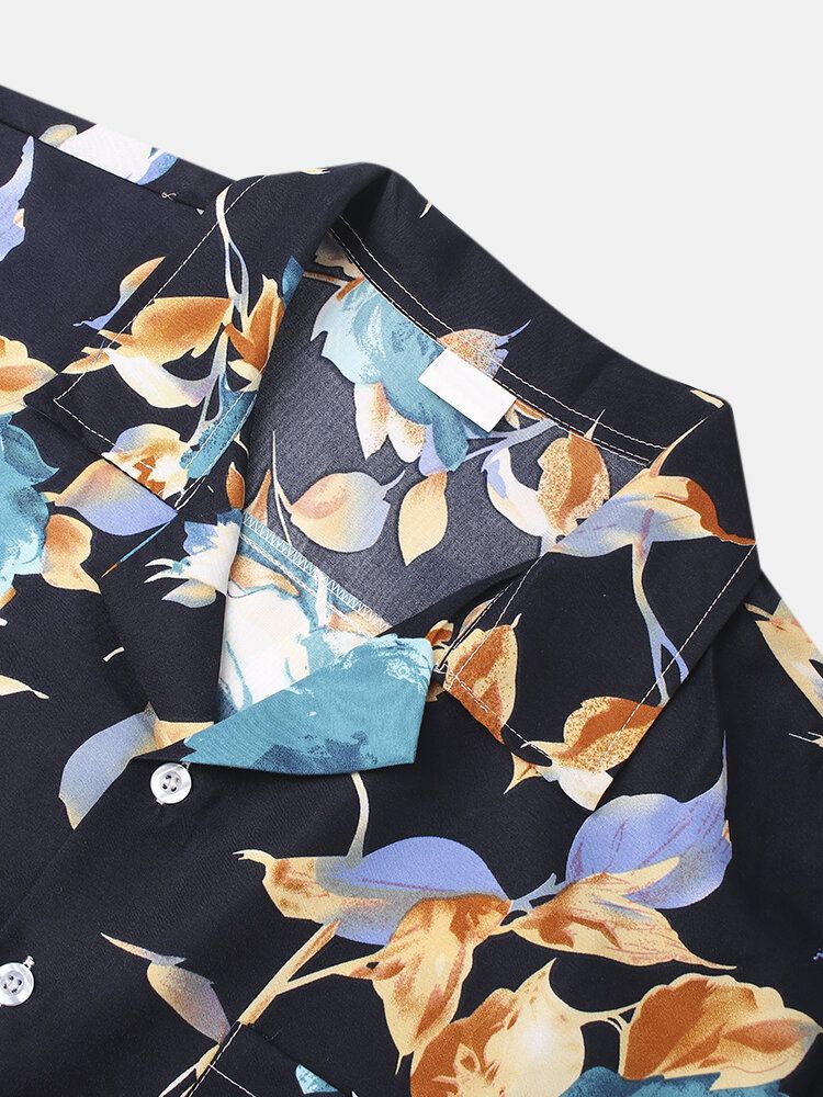 Camisa De Manga Corta Con Cuello Reverente Y Estampado De Flores De Algodón Para Hombre