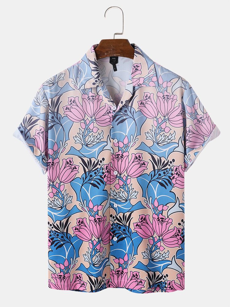 Camisa De Manga Corta Con Cuello Reverente Y Estampado De Flores Para Hombre