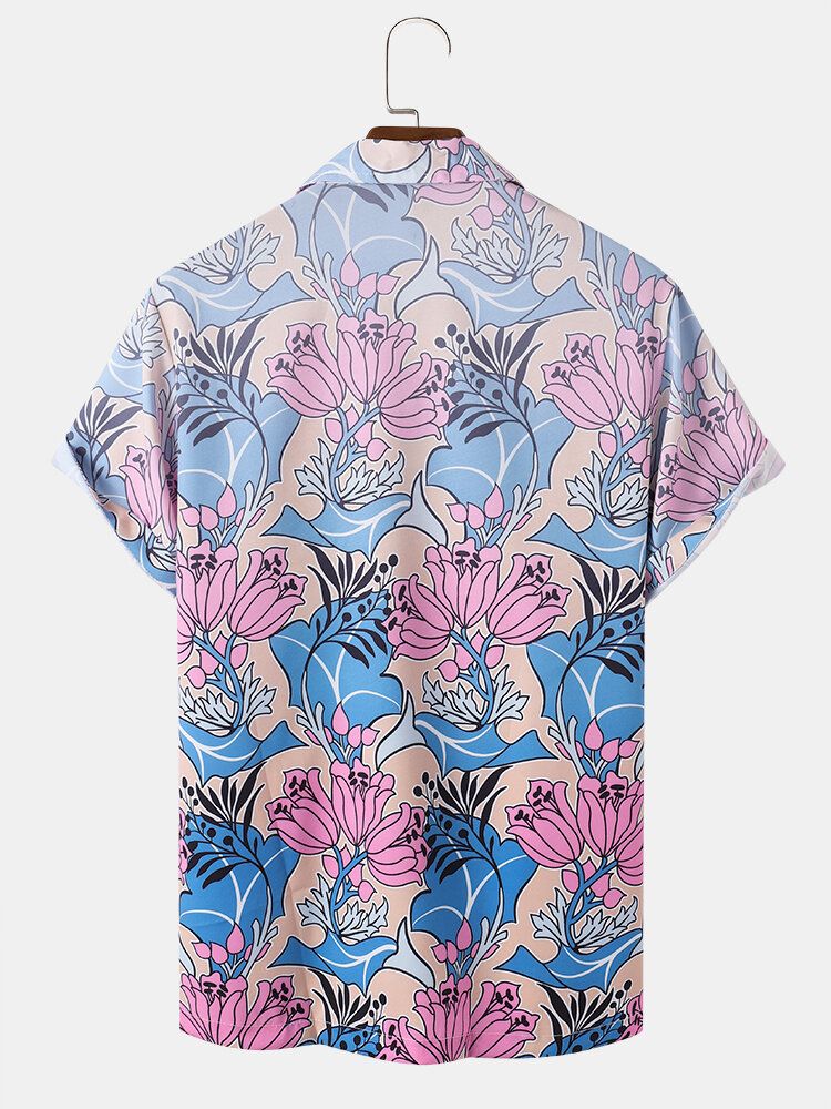 Camisa De Manga Corta Con Cuello Reverente Y Estampado De Flores Para Hombre