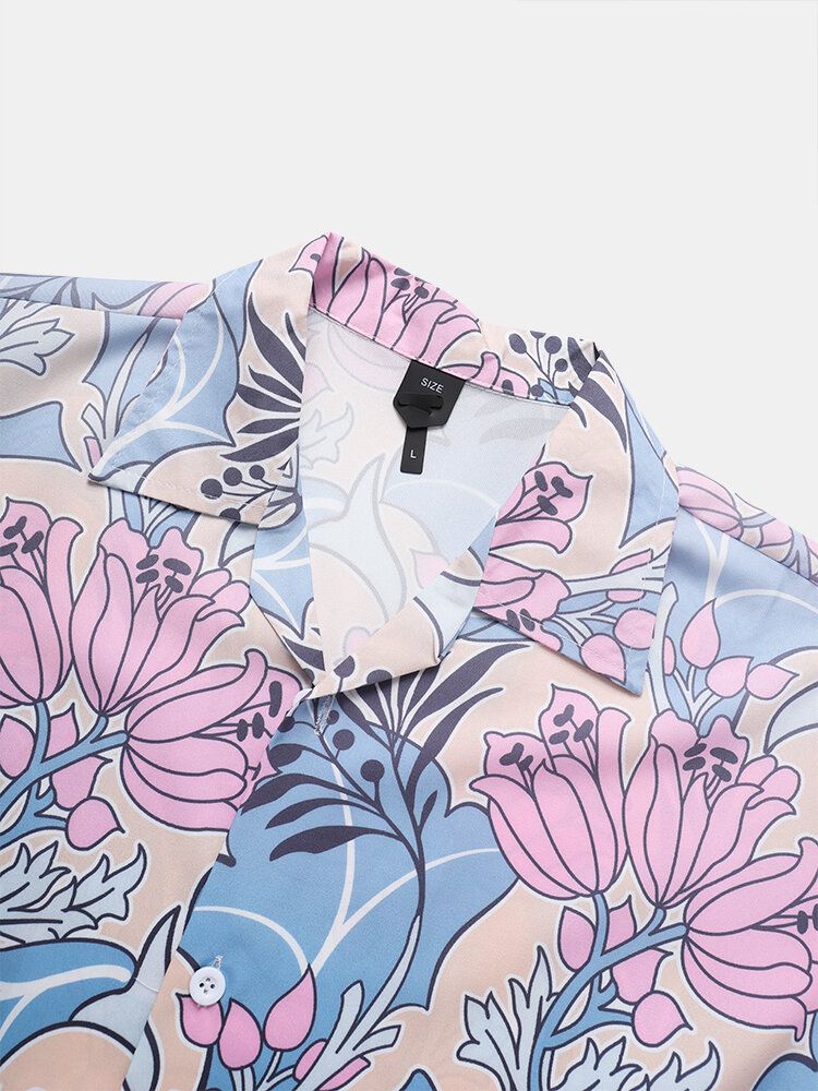 Camisa De Manga Corta Con Cuello Reverente Y Estampado De Flores Para Hombre