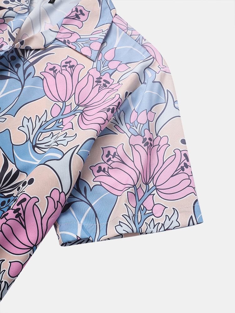 Camisa De Manga Corta Con Cuello Reverente Y Estampado De Flores Para Hombre