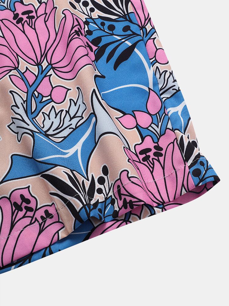 Camisa De Manga Corta Con Cuello Reverente Y Estampado De Flores Para Hombre