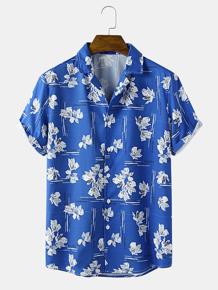 Camisa De Manga Corta Con Cuello Reverente Y Estampado De Flores Para Hombre