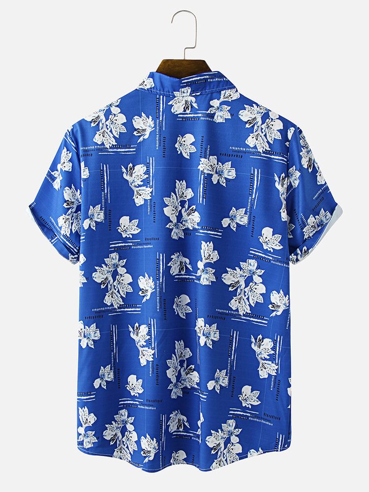 Camisa De Manga Corta Con Cuello Reverente Y Estampado De Flores Para Hombre