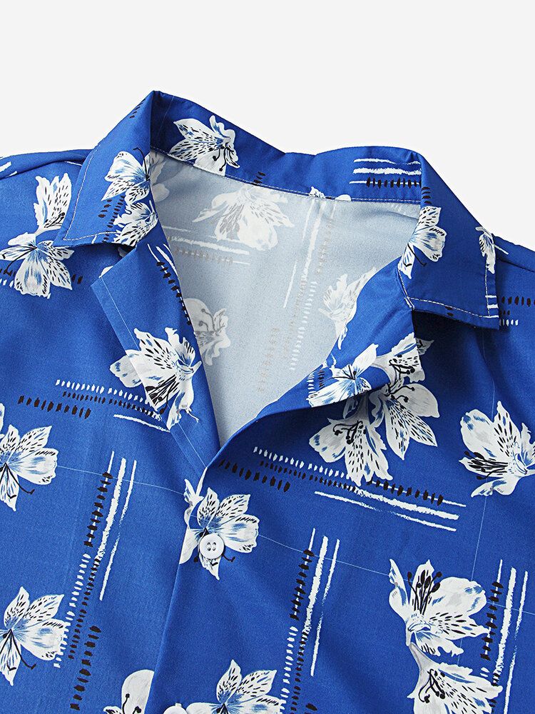 Camisa De Manga Corta Con Cuello Reverente Y Estampado De Flores Para Hombre