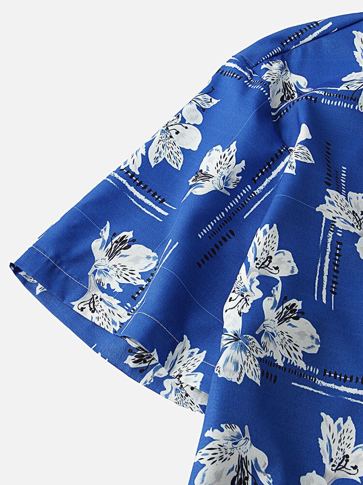 Camisa De Manga Corta Con Cuello Reverente Y Estampado De Flores Para Hombre