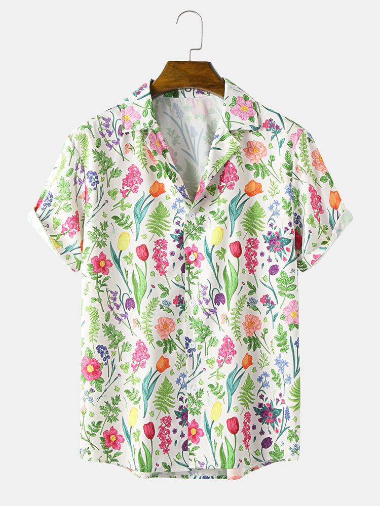 Camisa De Manga Corta Con Cuello Reverente Y Estampado De Flores Para Hombre