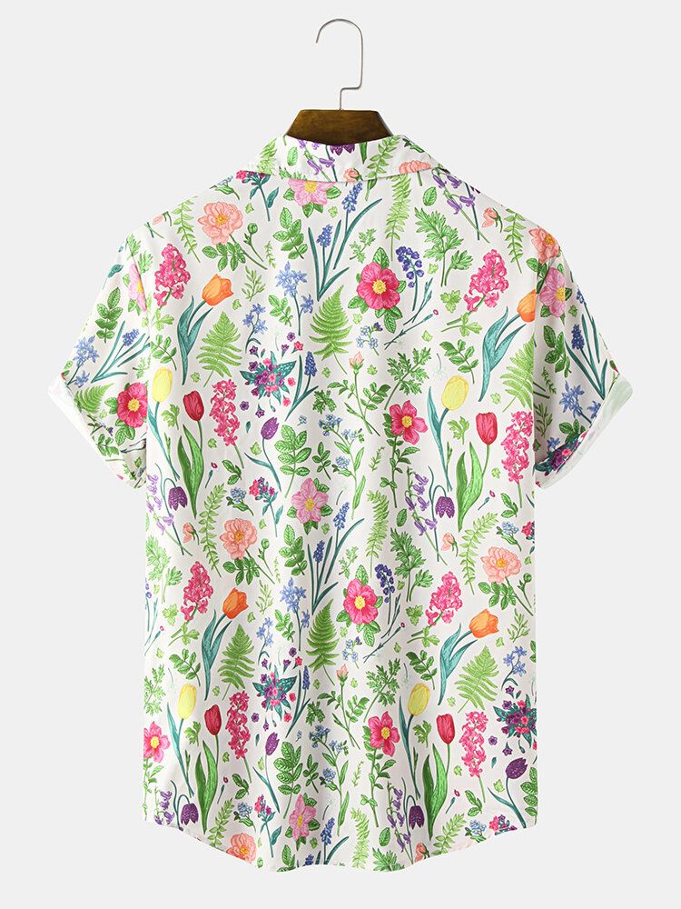 Camisa De Manga Corta Con Cuello Reverente Y Estampado De Flores Para Hombre