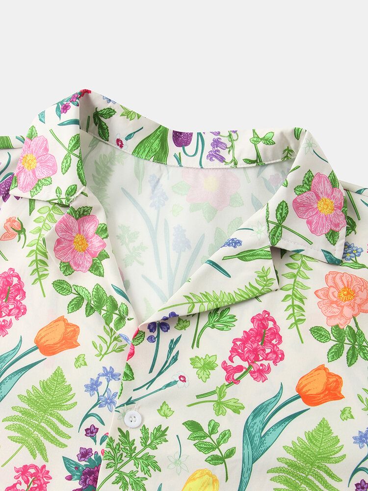 Camisa De Manga Corta Con Cuello Reverente Y Estampado De Flores Para Hombre