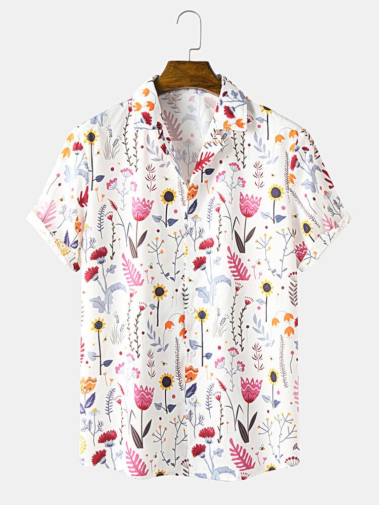 Camisa De Manga Corta Con Cuello Reverente Y Estampado De Flores Para Hombre