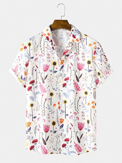 Camisa De Manga Corta Con Cuello Reverente Y Estampado De Flores Para Hombre