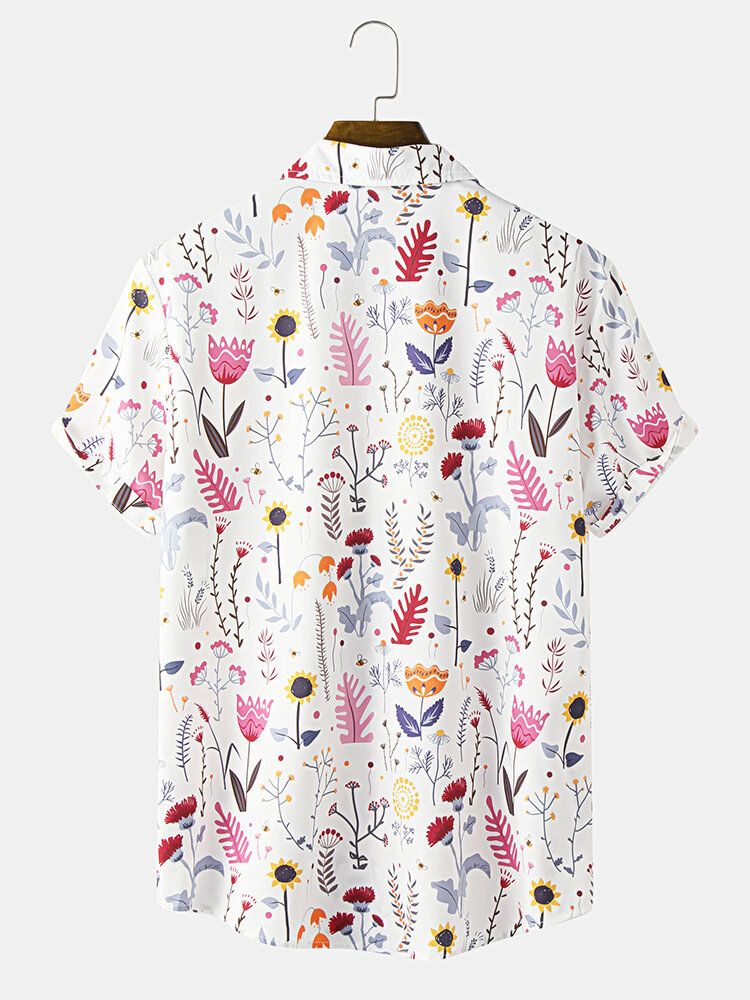 Camisa De Manga Corta Con Cuello Reverente Y Estampado De Flores Para Hombre