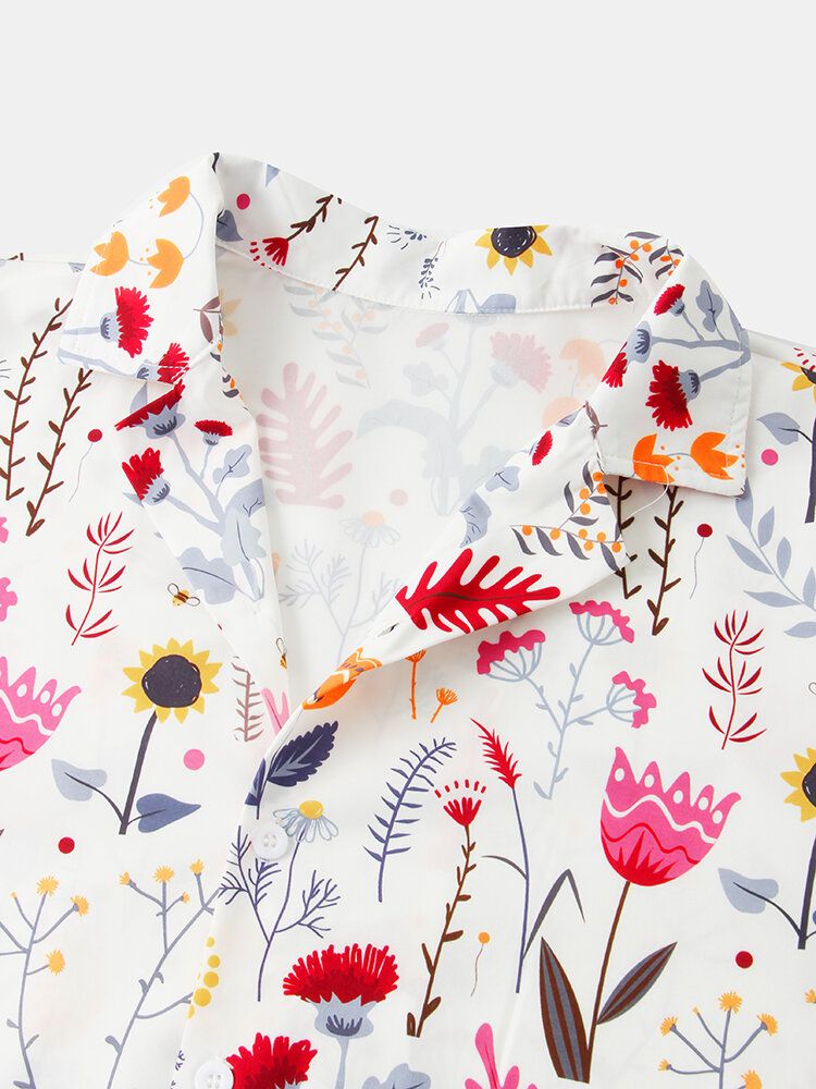 Camisa De Manga Corta Con Cuello Reverente Y Estampado De Flores Para Hombre