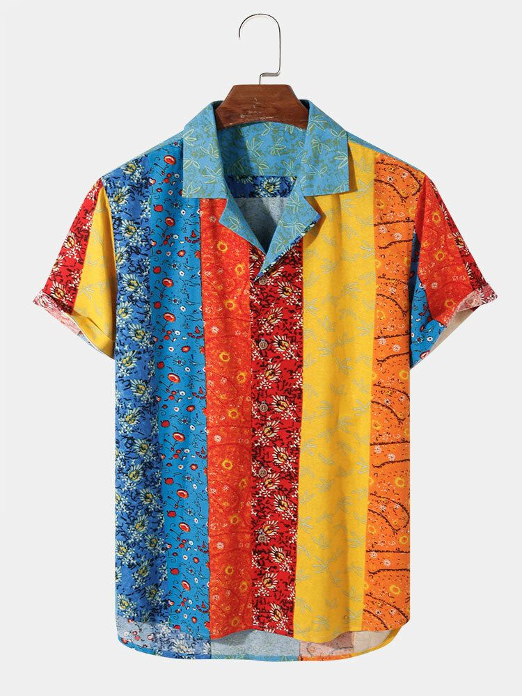 Camisa De Manga Corta Con Cuello Reverente Y Estampado De Flores De Rayas De Colores 100% Algodón Para Hombre