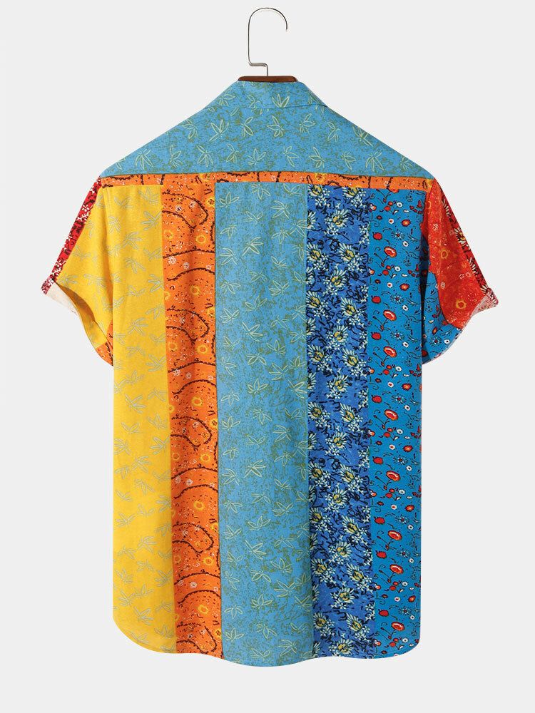 Camisa De Manga Corta Con Cuello Reverente Y Estampado De Flores De Rayas De Colores 100% Algodón Para Hombre