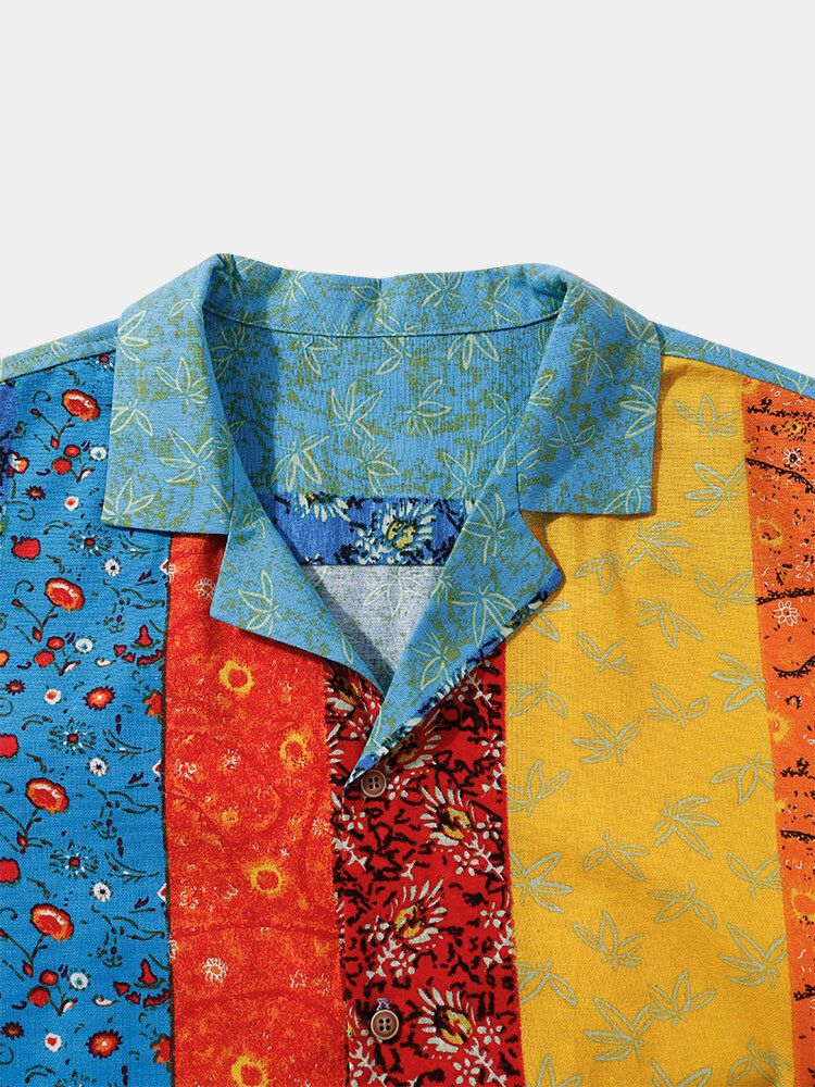 Camisa De Manga Corta Con Cuello Reverente Y Estampado De Flores De Rayas De Colores 100% Algodón Para Hombre