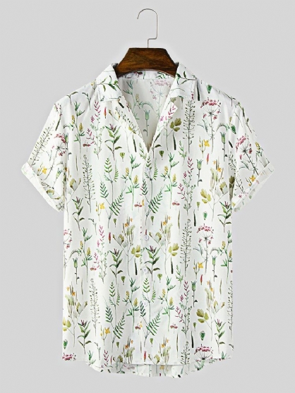 Camisa De Manga Corta Con Cuello Reverente Y Estampado Frower Para Hombre