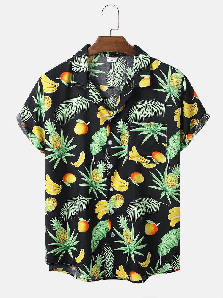 Camisa De Manga Corta Con Cuello Reverente Y Estampado De Frutas De Dibujos Animados De Algodón Para Hombre