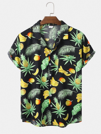 Camisa De Manga Corta Con Cuello Reverente Y Estampado De Frutas De Dibujos Animados De Algodón Para Hombre