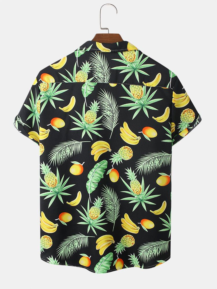 Camisa De Manga Corta Con Cuello Reverente Y Estampado De Frutas De Dibujos Animados De Algodón Para Hombre