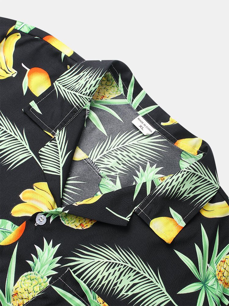 Camisa De Manga Corta Con Cuello Reverente Y Estampado De Frutas De Dibujos Animados De Algodón Para Hombre