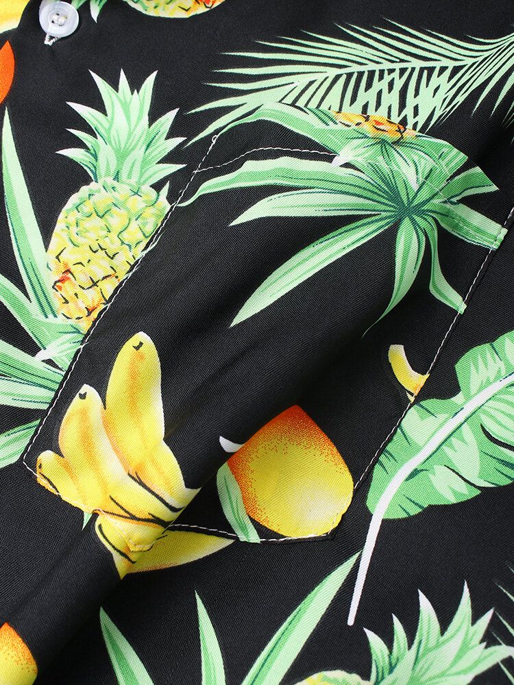 Camisa De Manga Corta Con Cuello Reverente Y Estampado De Frutas De Dibujos Animados De Algodón Para Hombre