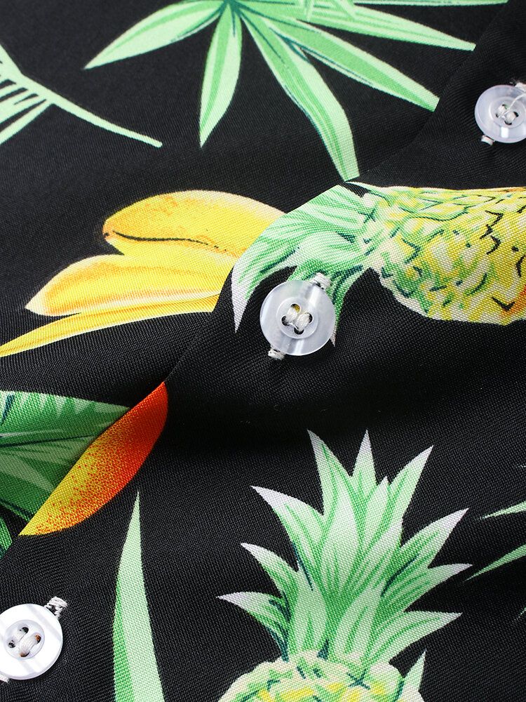 Camisa De Manga Corta Con Cuello Reverente Y Estampado De Frutas De Dibujos Animados De Algodón Para Hombre