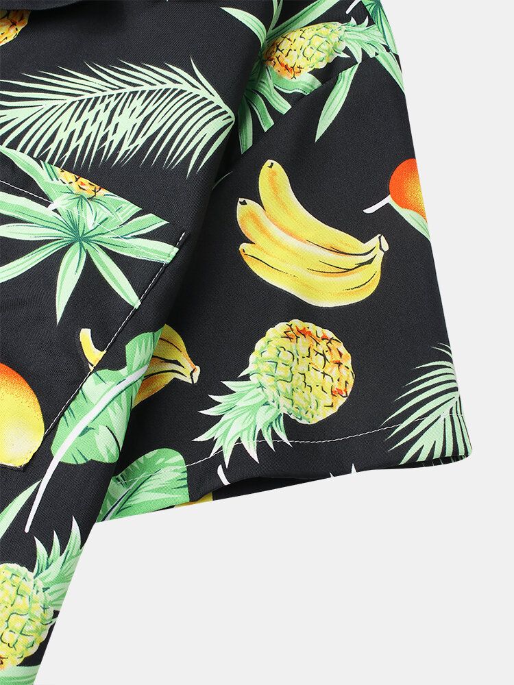 Camisa De Manga Corta Con Cuello Reverente Y Estampado De Frutas De Dibujos Animados De Algodón Para Hombre