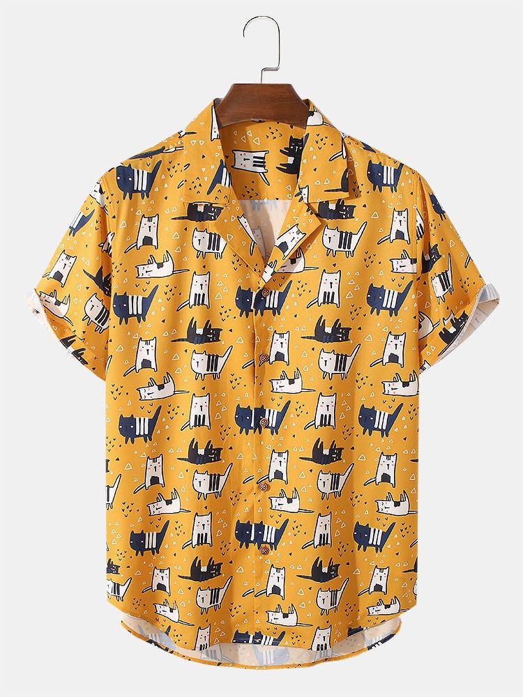 Camisa De Manga Corta Con Cuello Reverente Y Estampado De Gato De Dibujos Animados Para Hombre