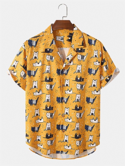 Camisa De Manga Corta Con Cuello Reverente Y Estampado De Gato De Dibujos Animados Para Hombre