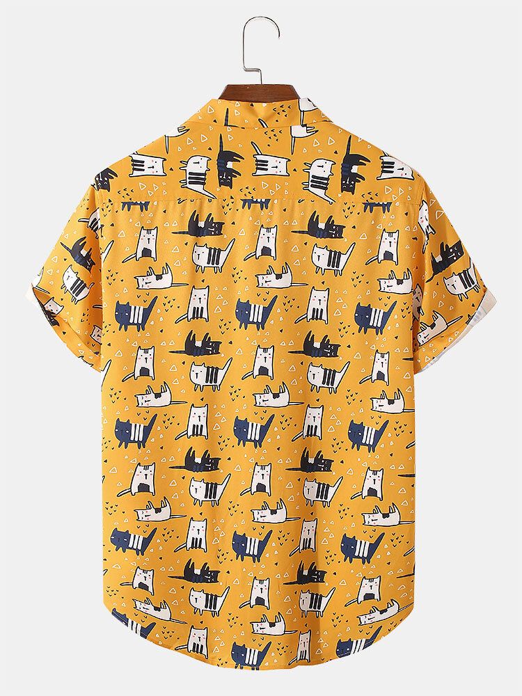 Camisa De Manga Corta Con Cuello Reverente Y Estampado De Gato De Dibujos Animados Para Hombre