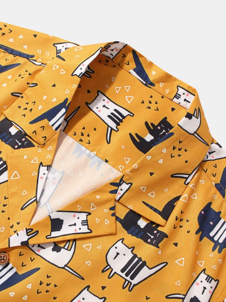 Camisa De Manga Corta Con Cuello Reverente Y Estampado De Gato De Dibujos Animados Para Hombre