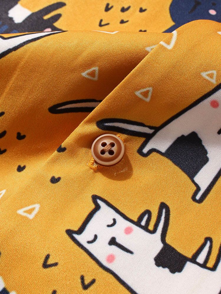 Camisa De Manga Corta Con Cuello Reverente Y Estampado De Gato De Dibujos Animados Para Hombre